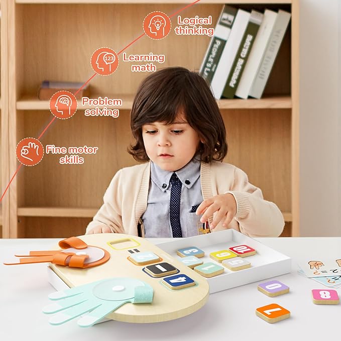 Child arranging number tiles on a wooden board with foldable felt counting fingers