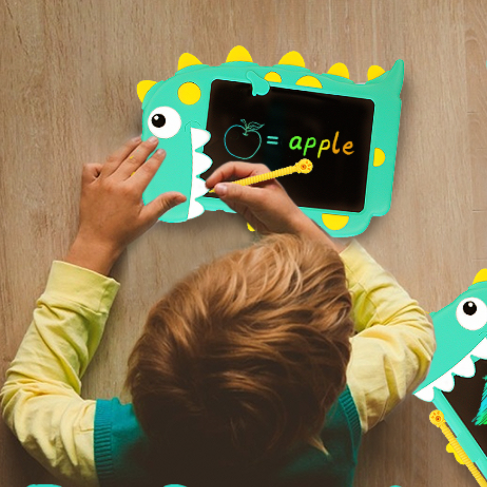 Child writing the word apple on a green dinosaur LCD drawing tablet