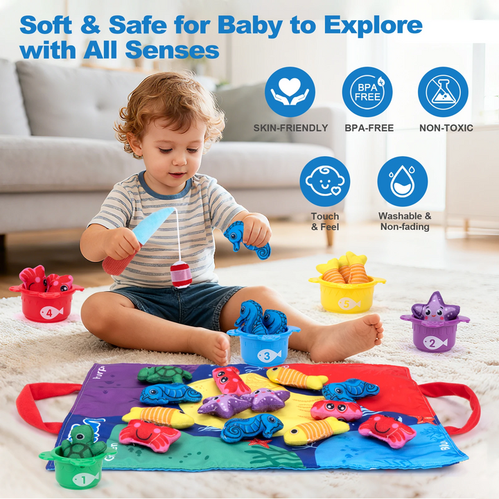 Child using a toy fishing rod with plush sea creatures and numbered containers