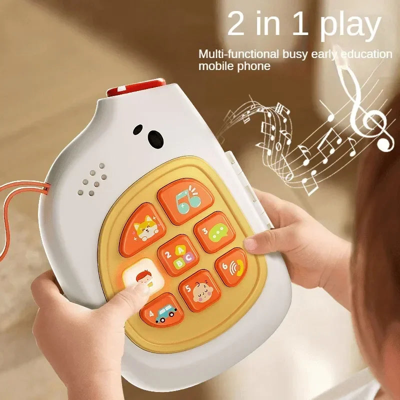 Child holding the white activity case and pressing an orange sound button