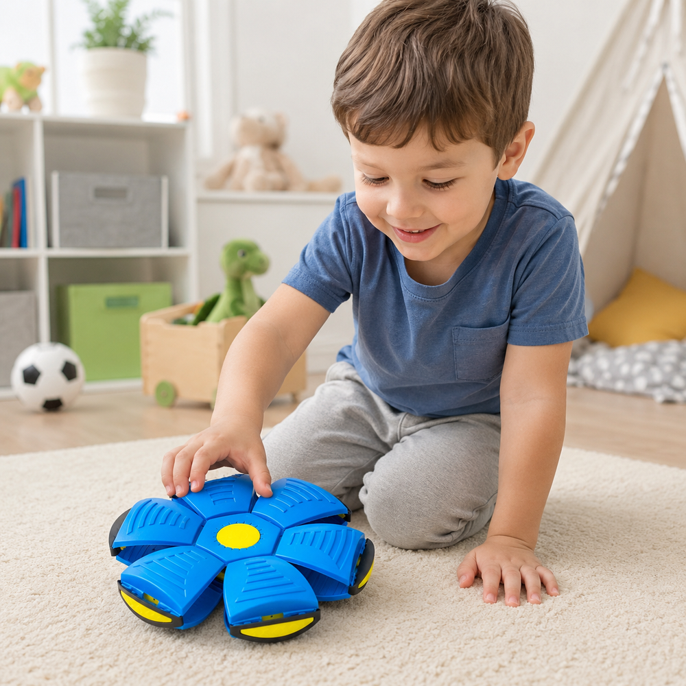 Child pressing a blue transforming ball into its flat disc shape on a carpet
