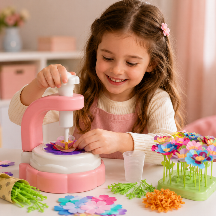 Child pressing layered fabric petals with the pink flower-making machine