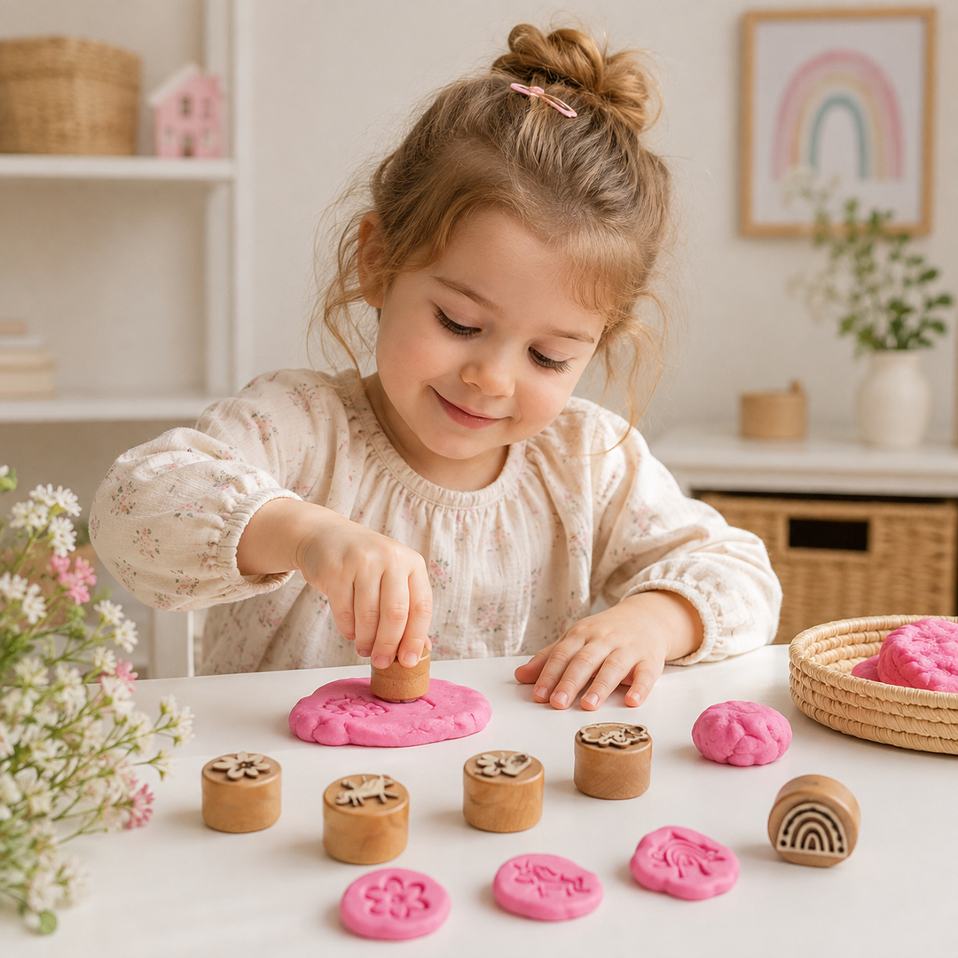 Child pressing a wooden clay stamp into pink modeling dough at a craft table.