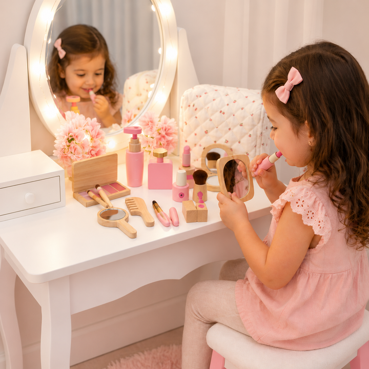 Child holding pretend lipstick and a wooden compact while playing at a white vanity