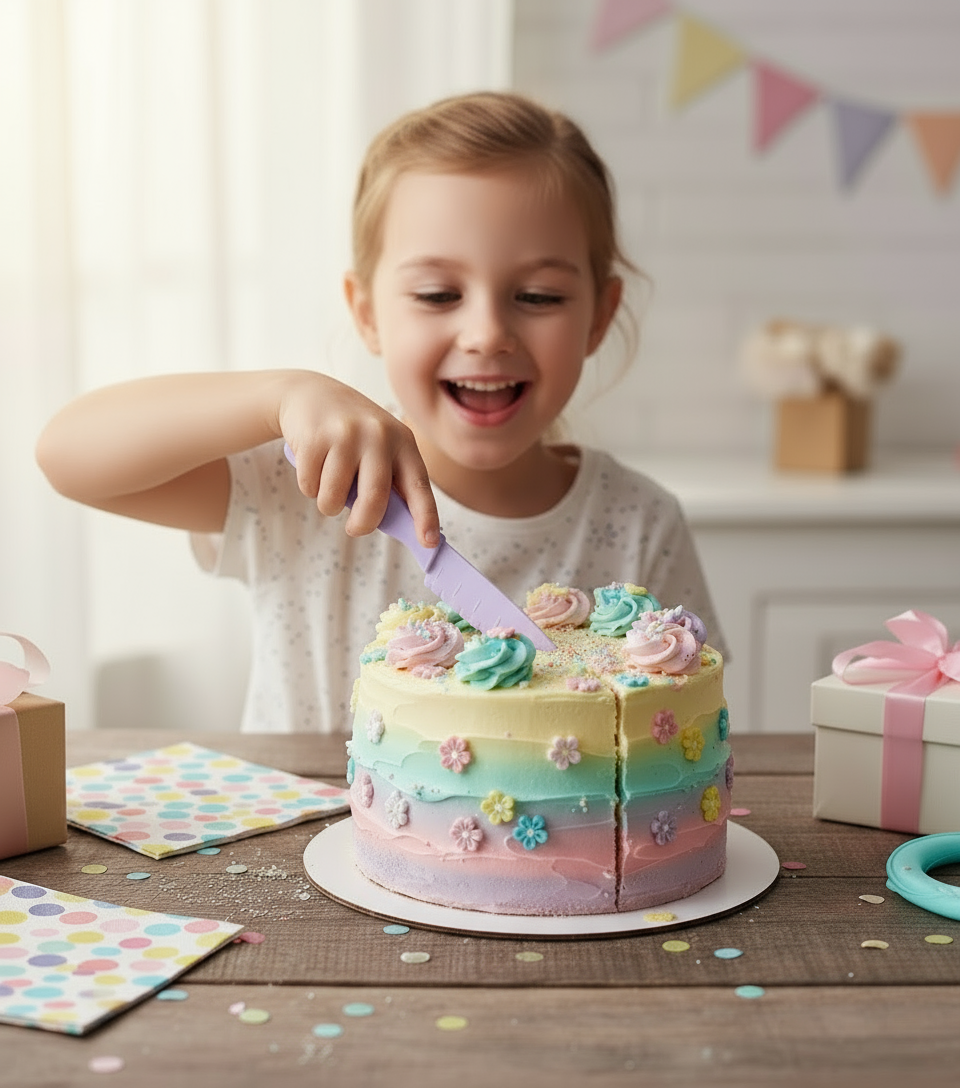 Child holding a purple kitchen knife over a decorated cake