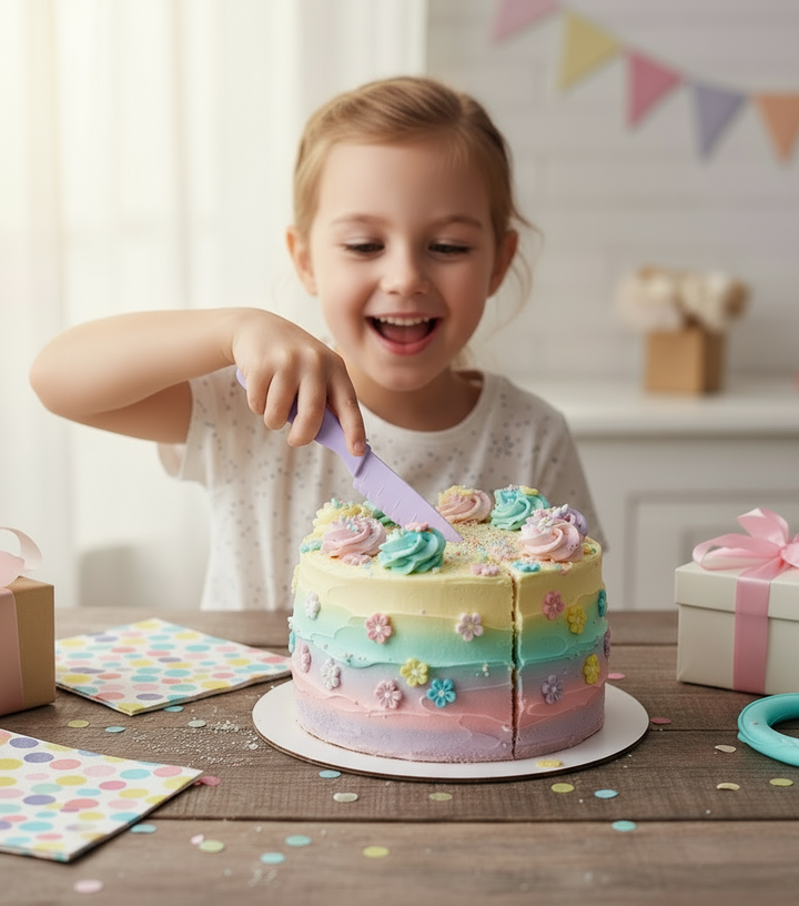 Child holding a purple kitchen knife over a decorated cake