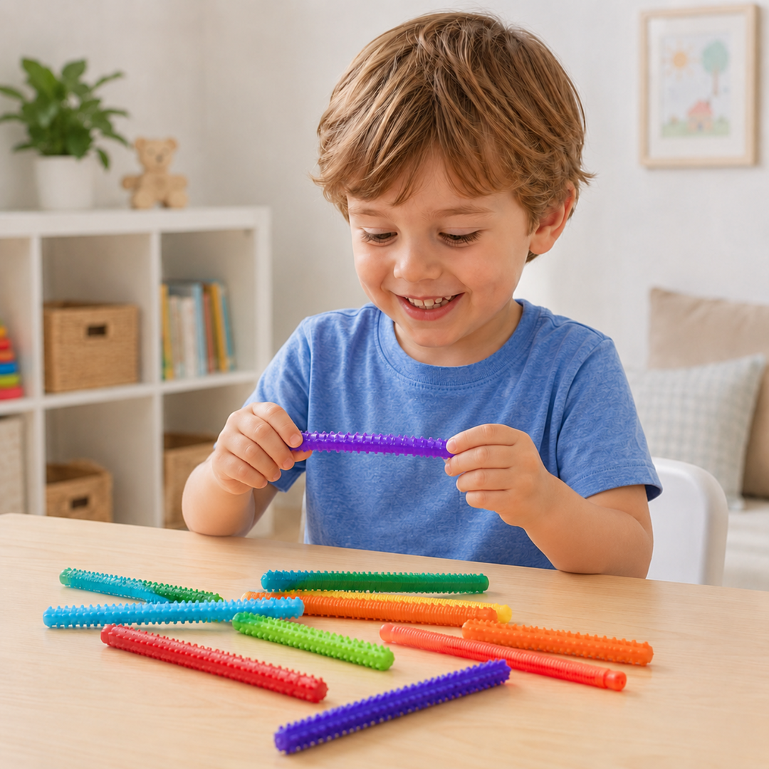 Child holding a purple silicone fidget stick at a table with colorful sticks spread out in front.