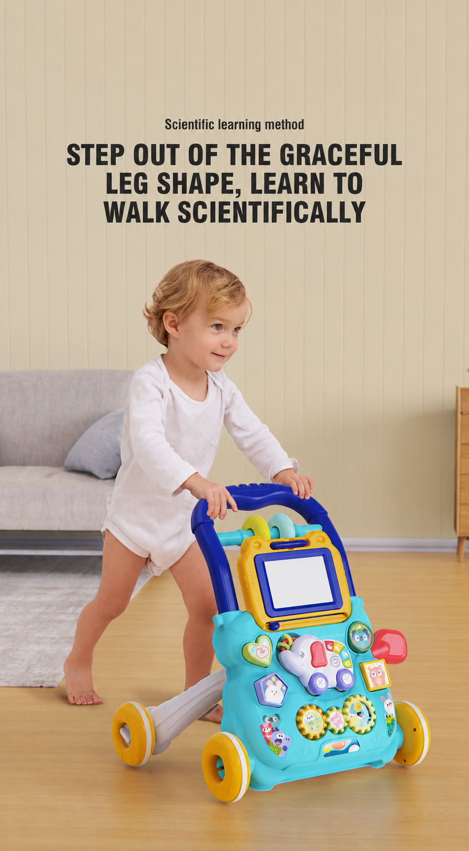Child standing behind the blue baby push walker while holding the handle