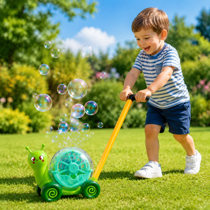 Child pushing a green snail bubble blower across a sunny lawn