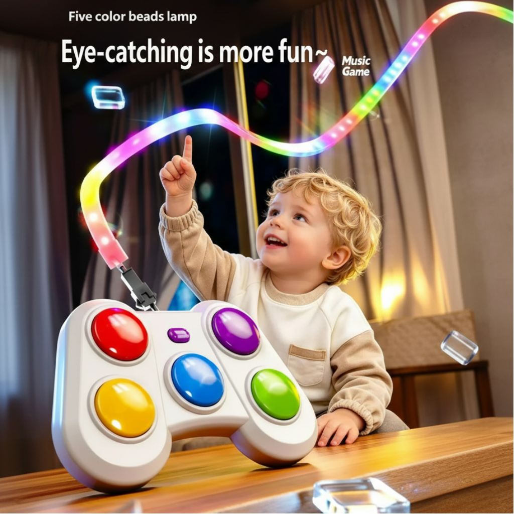 Child reaching toward the illuminated strip above the five-color game controller
