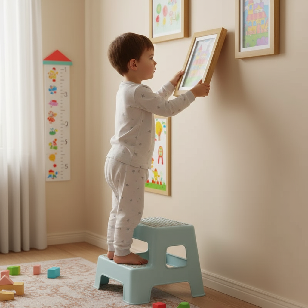 Child reaching toward framed artwork while standing on a step stool