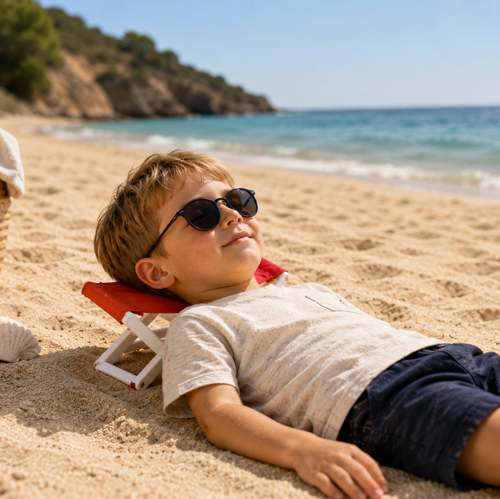 Child wearing sunglasses resting on a red folding headrest beside the sea