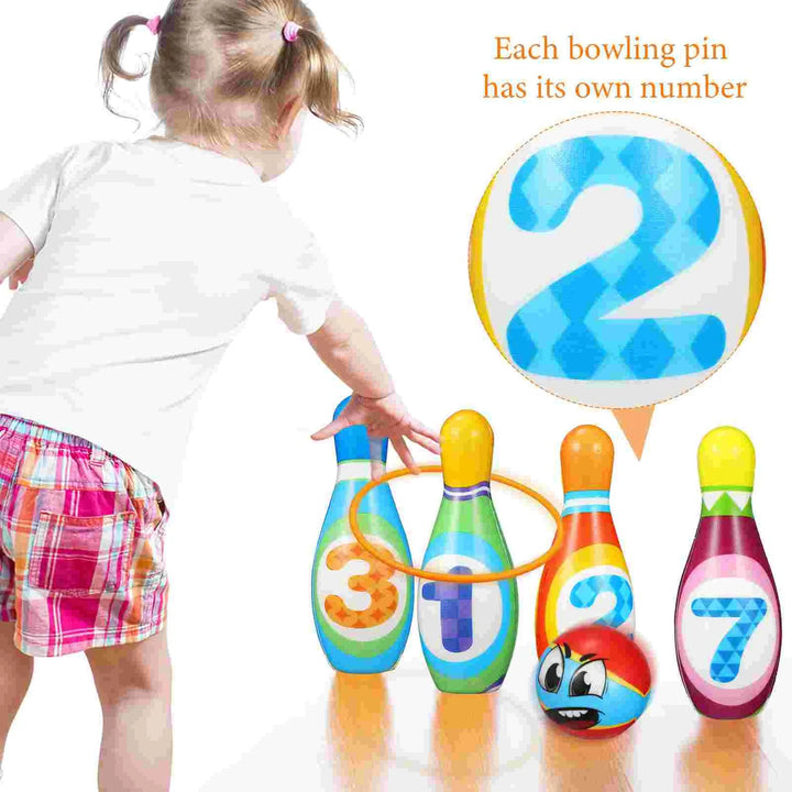 Child placing a ring over numbered bowling pins, with a close-up of the number 2