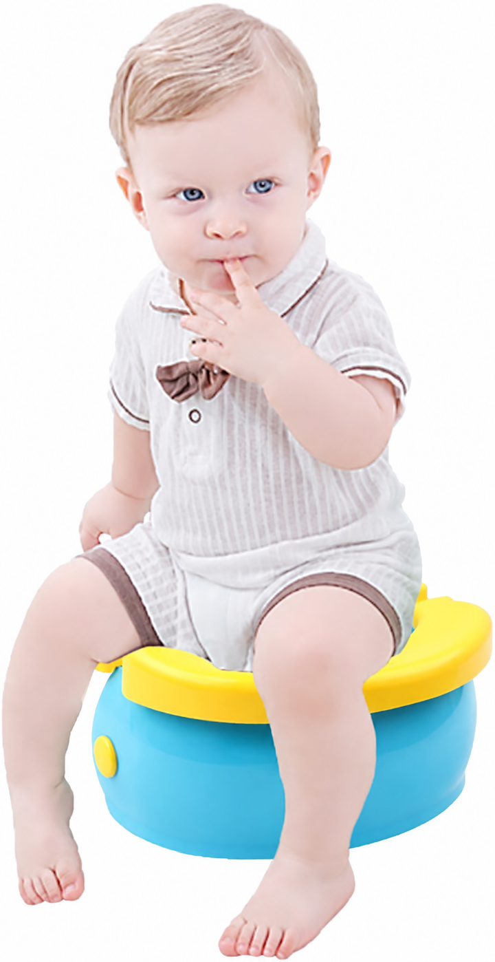 Child seated on a blue portable potty with a yellow seat
