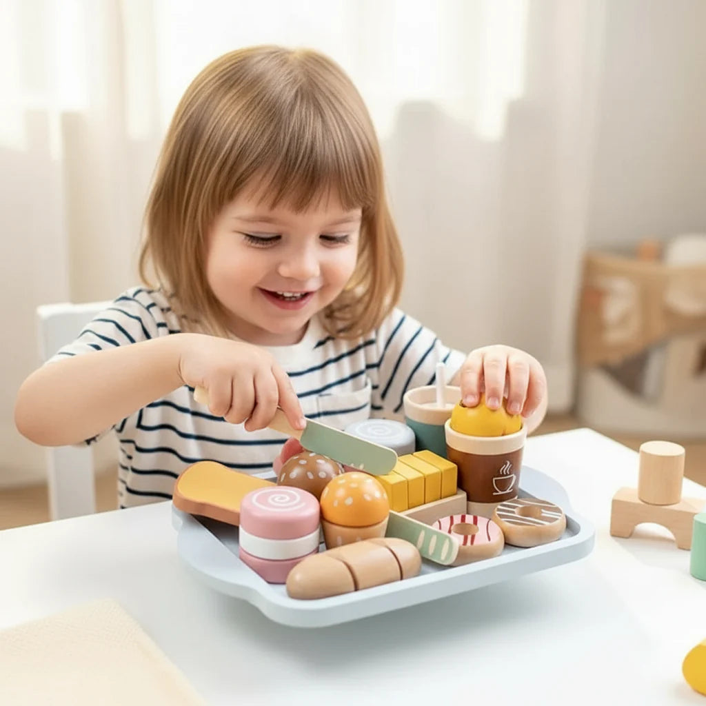 Child using a wooden play knife with the Breakfast play food set on a blue tray