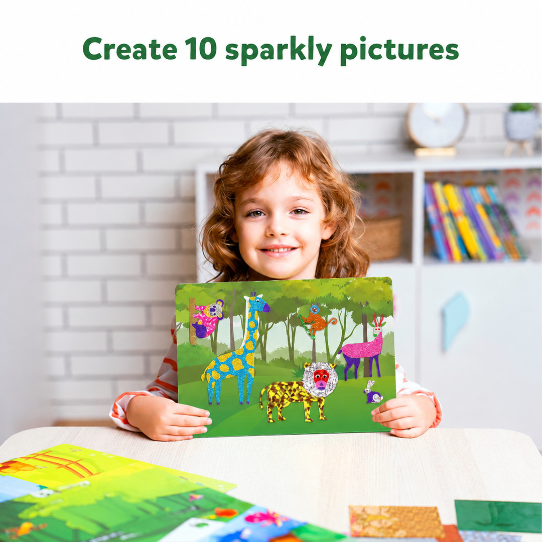 Child displaying a foil animal scene with giraffes, a leopard, and an ostrich