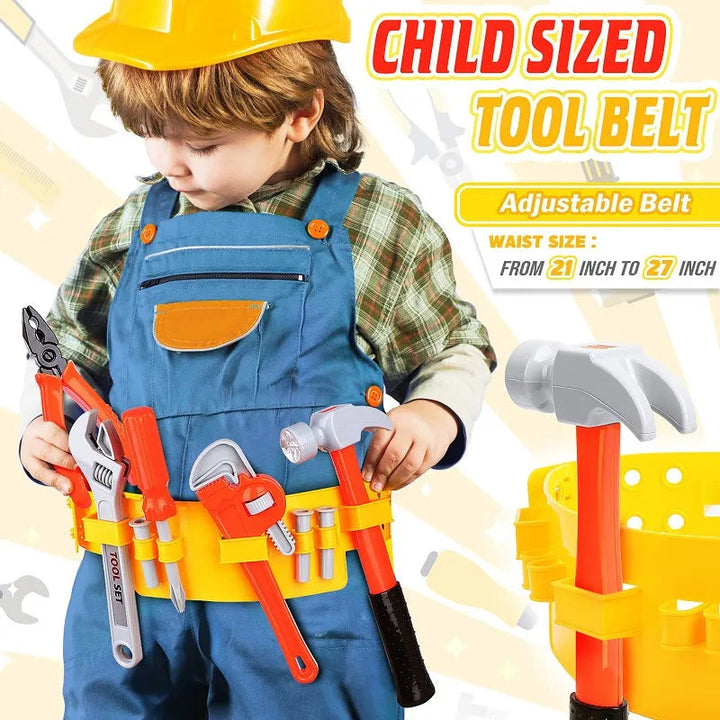 Child wearing a yellow hard hat and an adjustable tool belt holding pretend hand tools