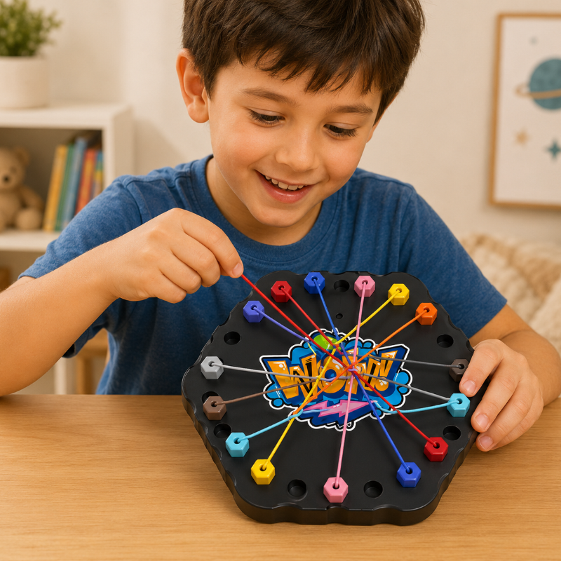 Child moving a rope on a black logic puzzle board at a table.