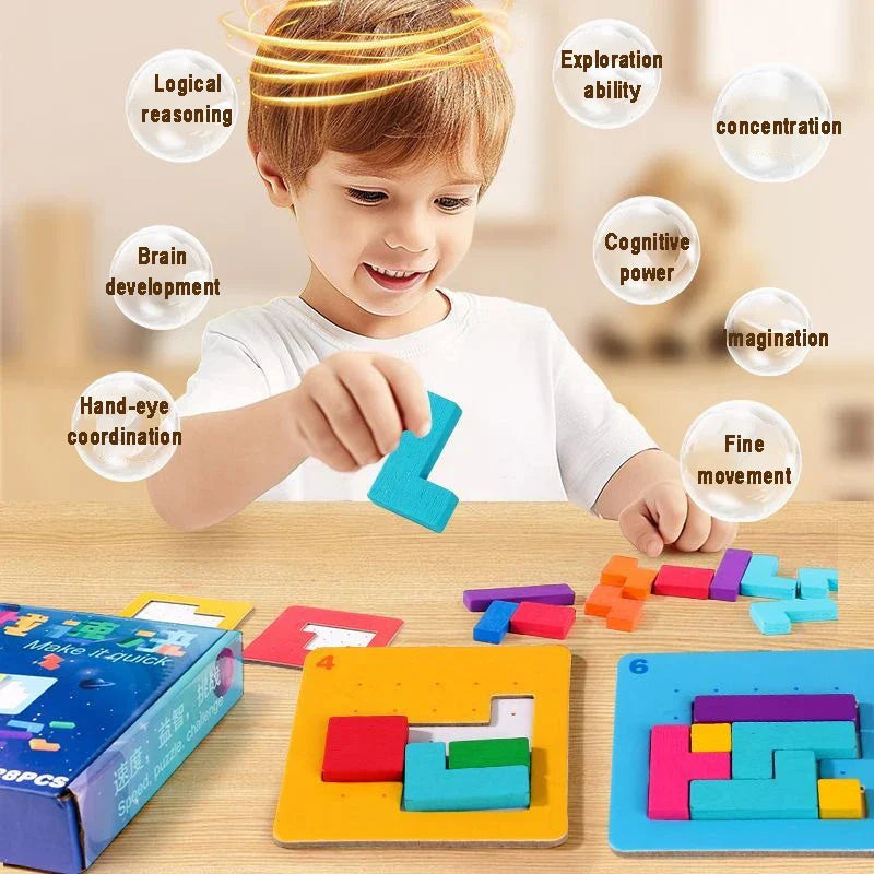 Child arranging colorful wooden shapes on puzzle cards at a table