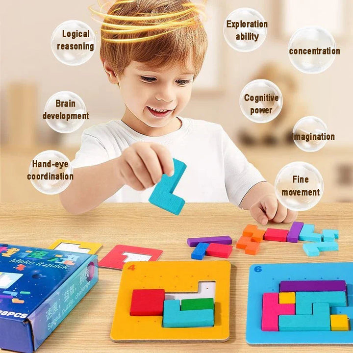 Child arranging colorful wooden shapes on puzzle cards at a table