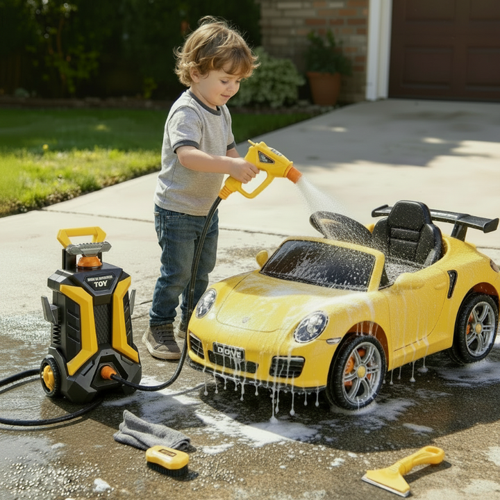 Child using the toy water sprayer to rinse a yellow ride-on car outdoors.