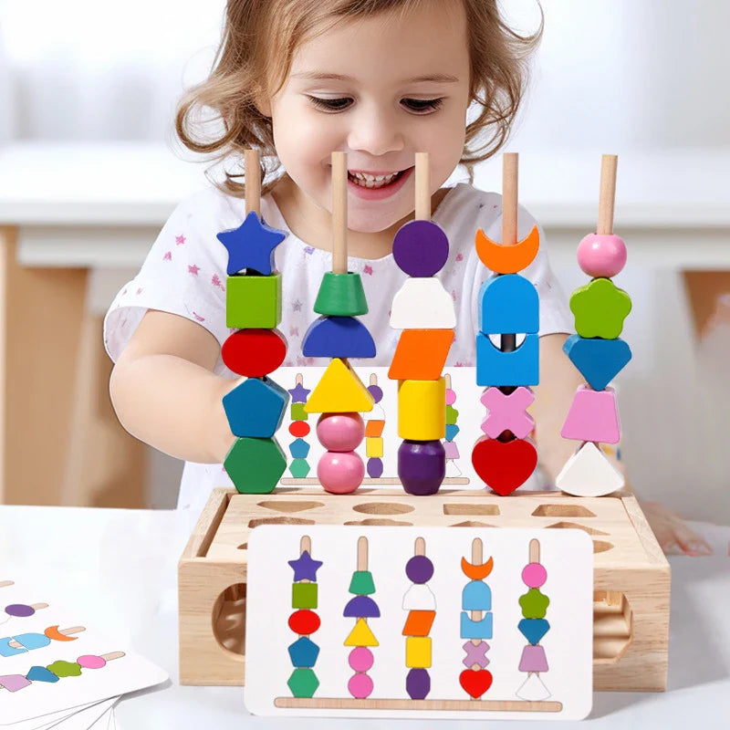 Child playing with a wooden stacking puzzle with colorful shapes and an illustrated pattern card