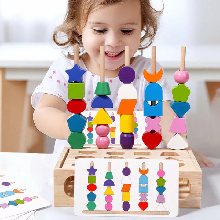 Child playing with a wooden stacking puzzle with colorful shapes and an illustrated pattern card