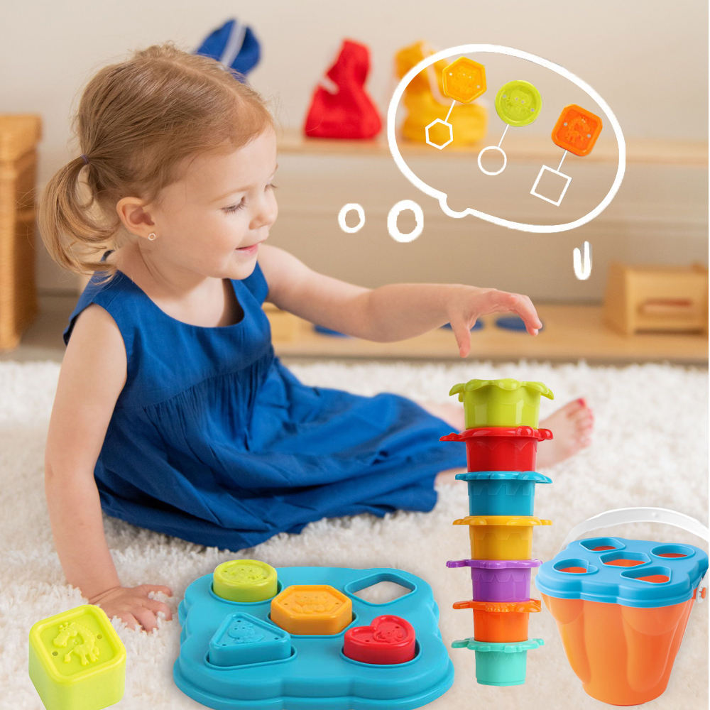 Child stacking colorful cups beside a shape-sorting lid, blocks, and storage container