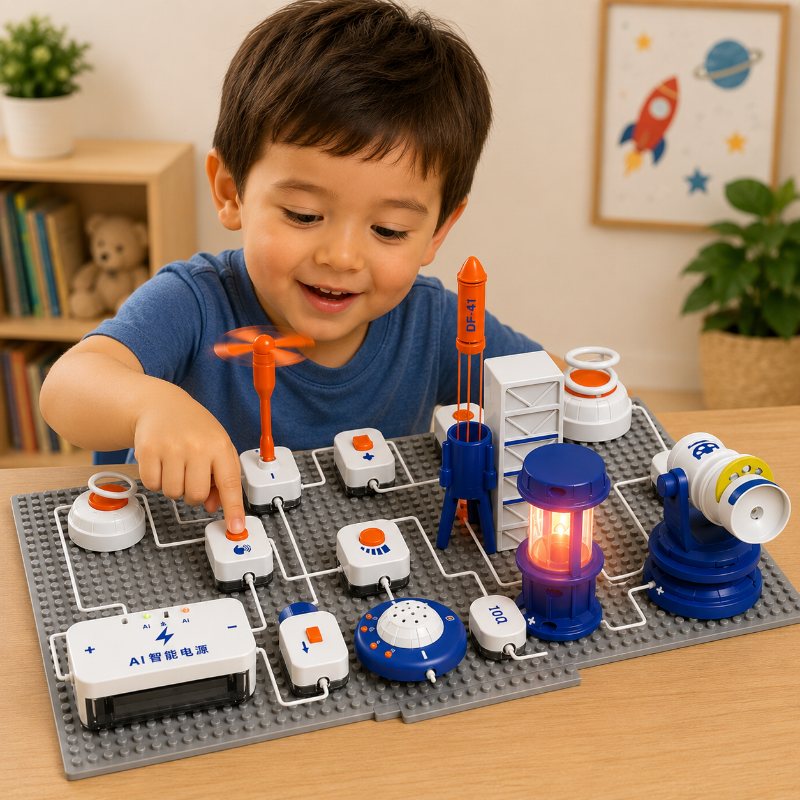 Child pressing a module on an assembled circuit board with a glowing light and propeller components