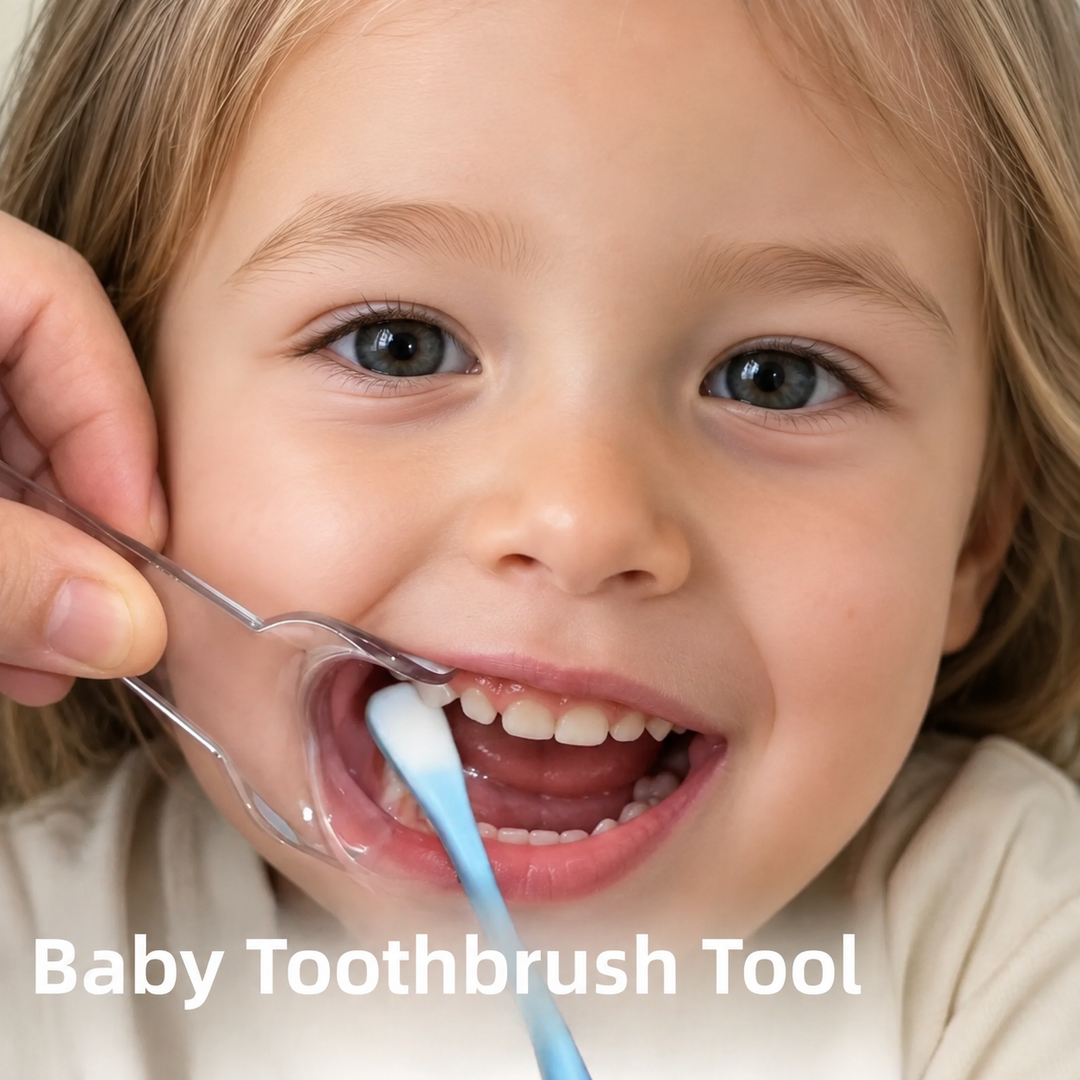 Adult holding a transparent dental care aid while brushing a child&