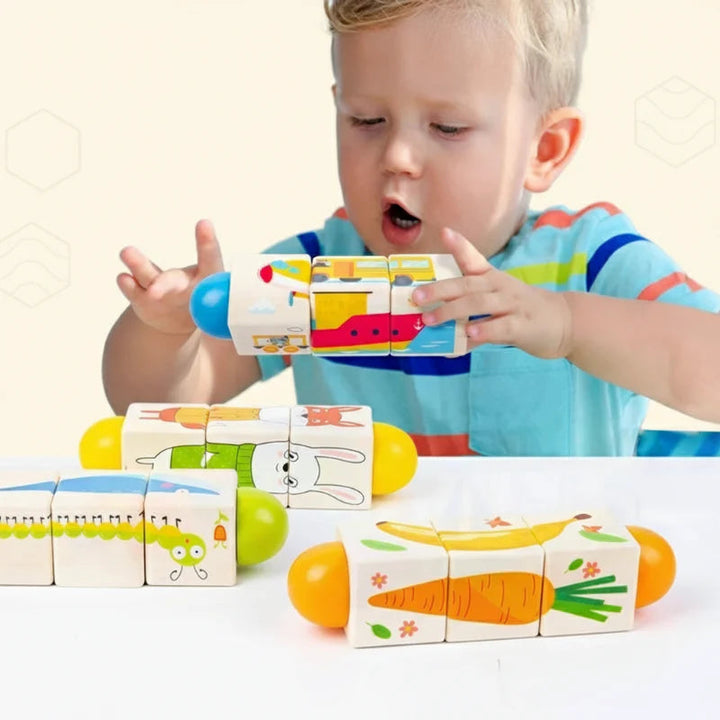 Child turning a blue-ended vehicle puzzle with other wooden puzzles on the table