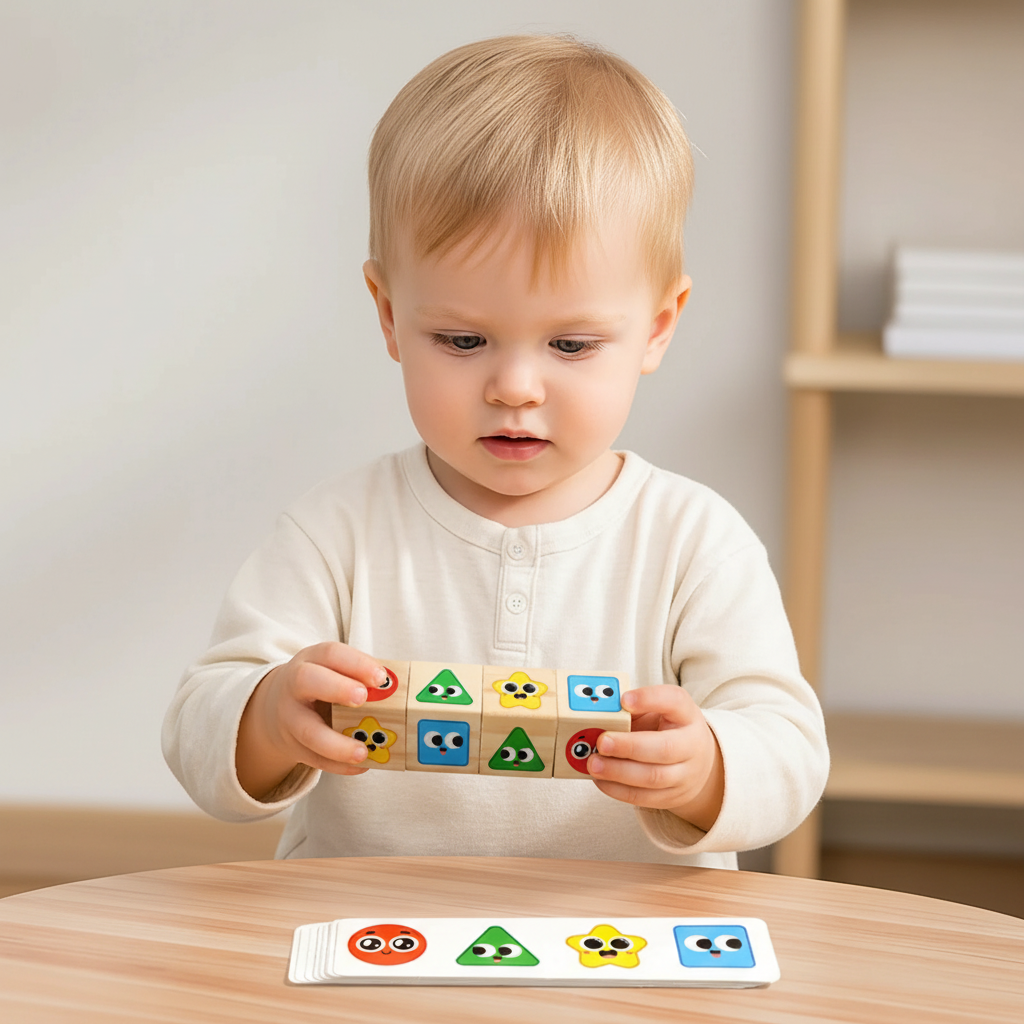 Child turning a wooden shape-matching puzzle above a card with four colorful shapes