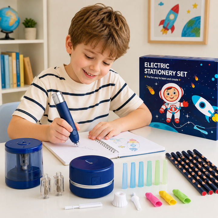 Child working on a drawing beside a blue electric stationery set and pencil accessories