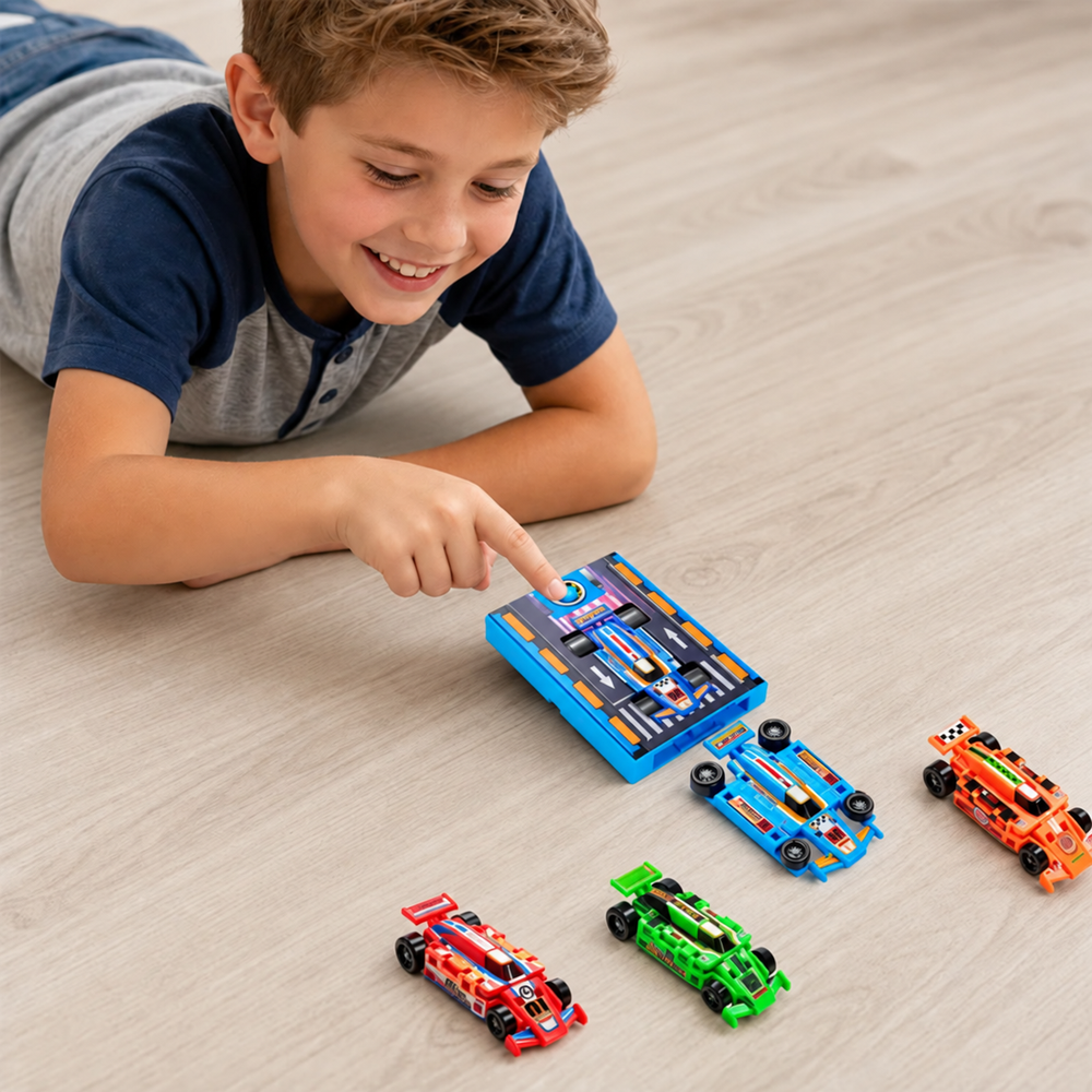Child pressing the button on a blue launch base with transforming race cars on the floor.