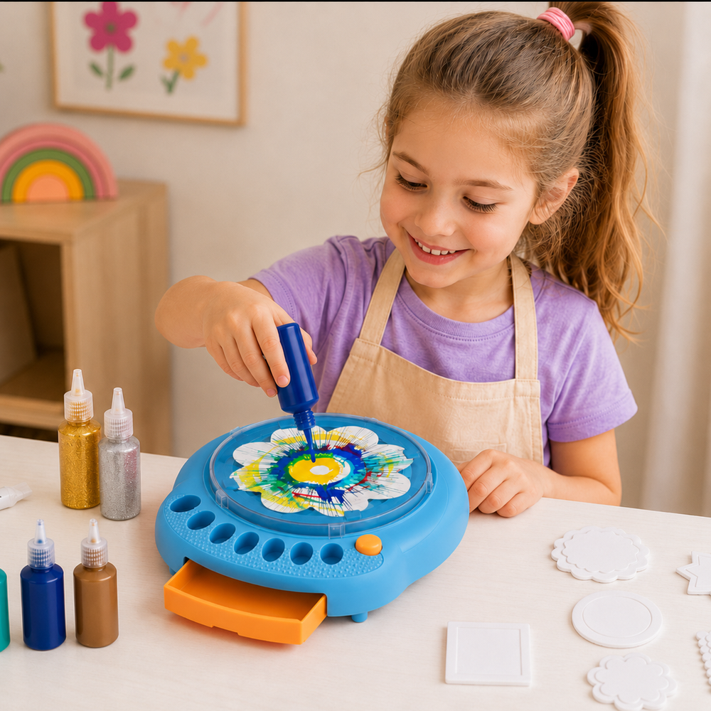 Child adding blue paint to a flower-shaped artboard on the blue spin painting machine