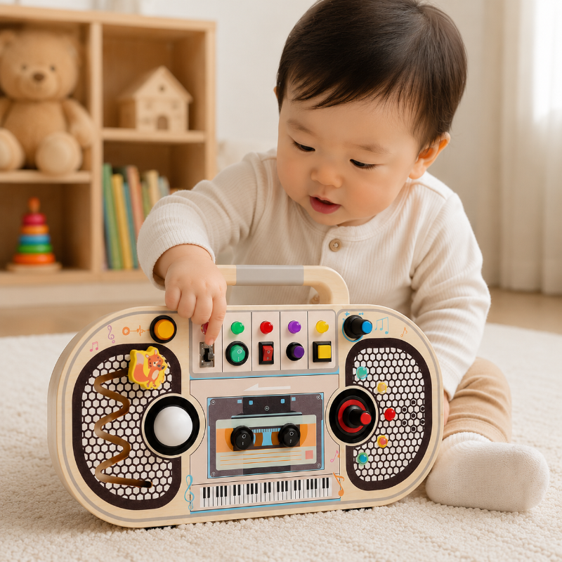 Child exploring the top controls on a wooden music busy board while seated on a rug