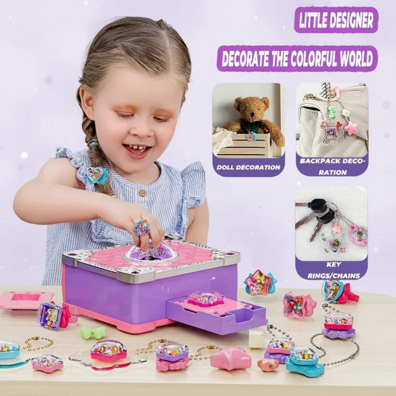Child using the book-shaped craft station, with examples of charms attached to a doll, backpack, and keys.