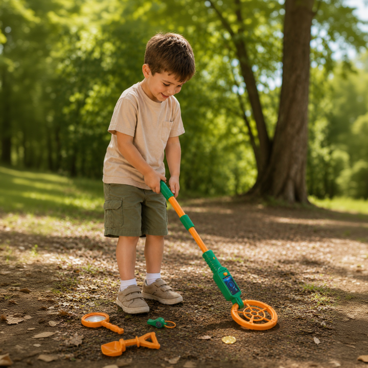 Child sweeping a green and orange metal detector over a wooded path