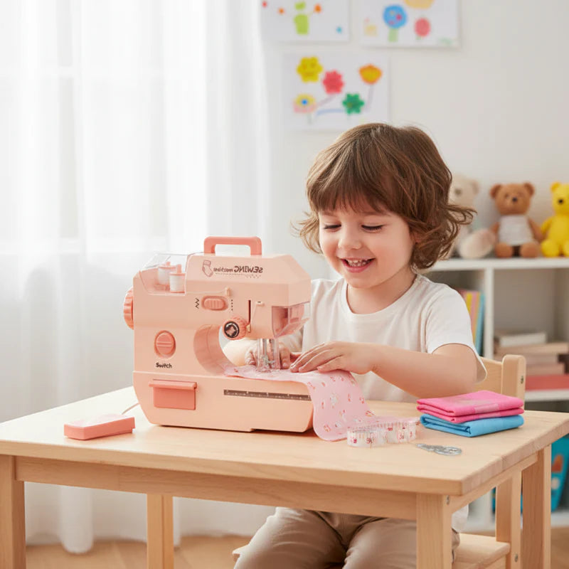 Child using a pink toy sewing machine at a table with fabric and sewing accessories