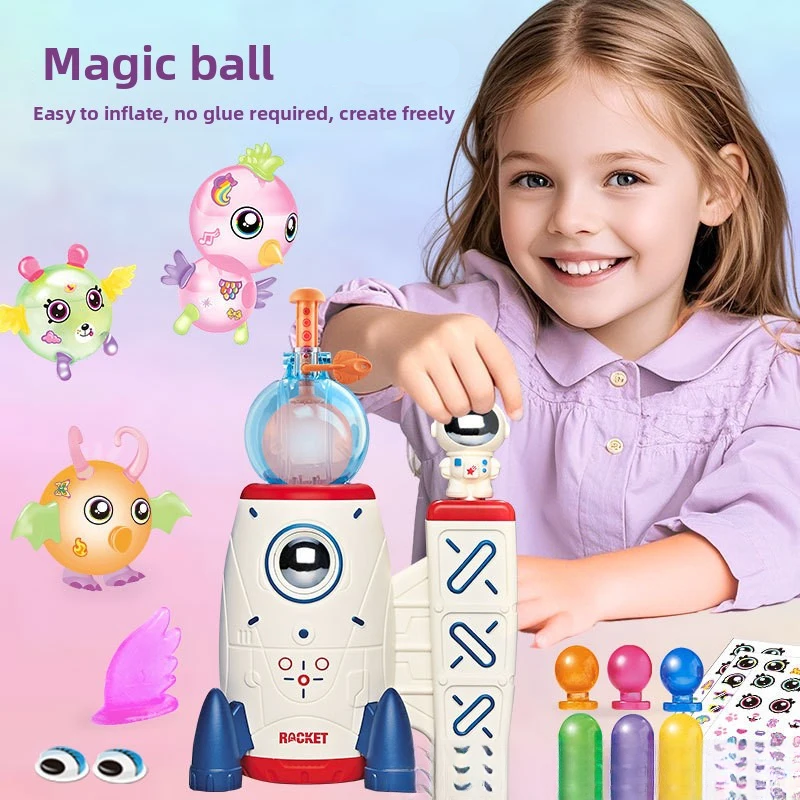 Child using the rocket balloon station beside decorated balloon figures and craft accessories