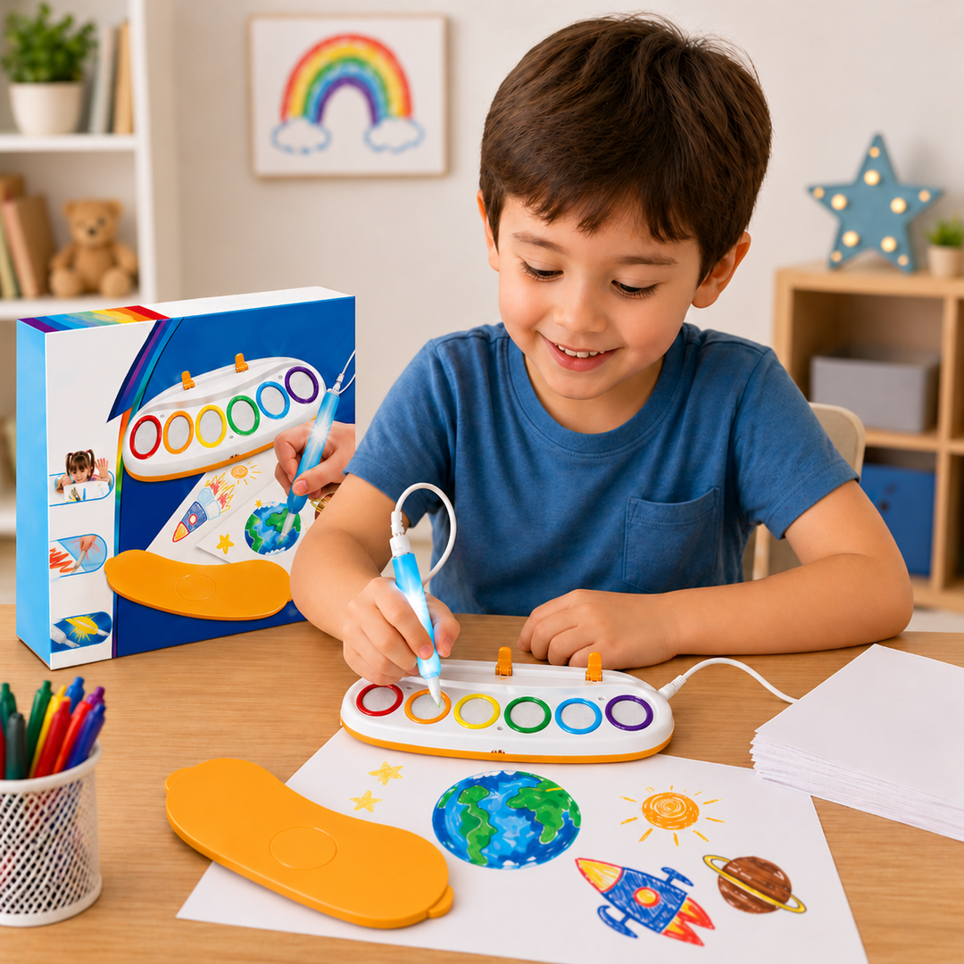 Child using the light-up pen with the six-color drawing base at a table