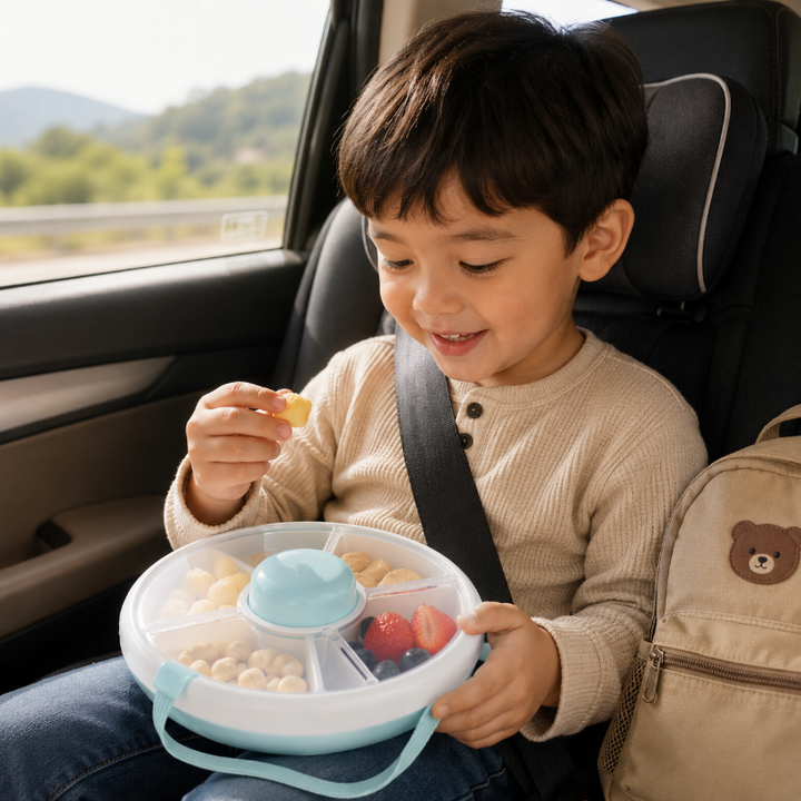 Child enjoying snacks from a divided snack box during a car ride