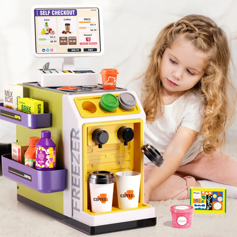 Child playing beside a supermarket checkout with a drink counter and pretend groceries