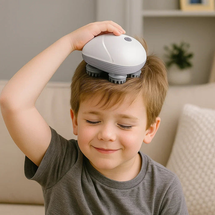 Child holding a white head massager against the top of their head.