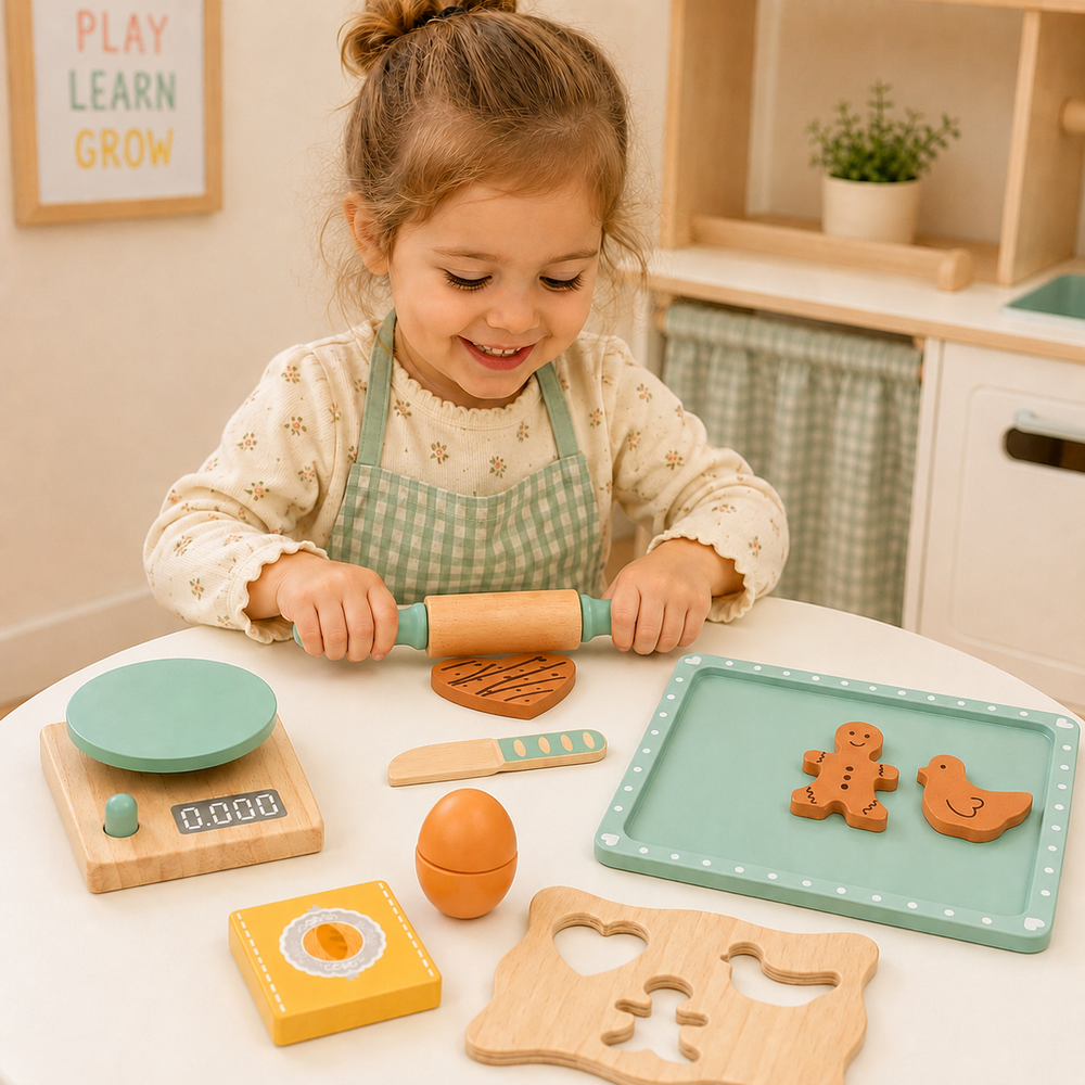 Child using the rolling pin with a wooden play cookie beside the mint baking tray
