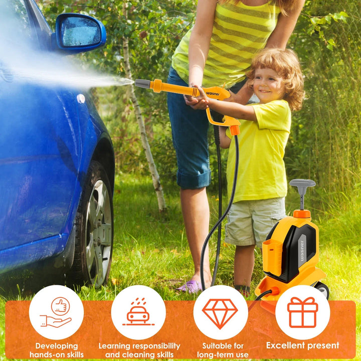Child spraying a blue car with the yellow car wash wand while an adult stands nearby