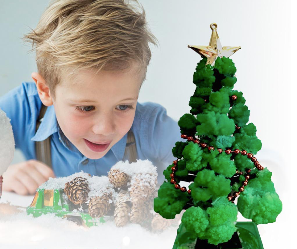 A child looking at a fluffy green miniature Christmas tree with a gold star and red garland