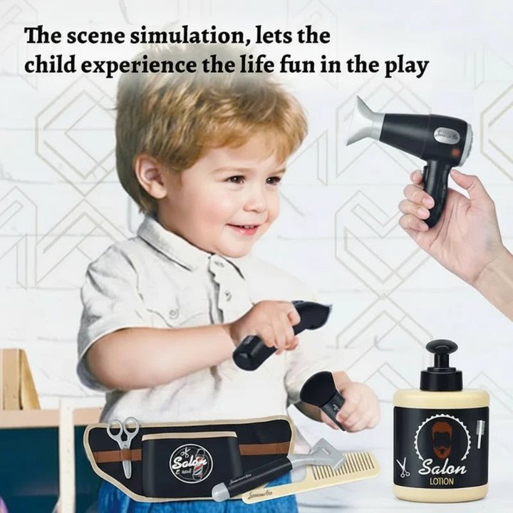 Child wearing a barber tool belt during a pretend haircut with toy salon tools