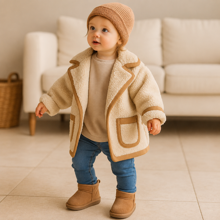 Child wearing brown ankle boots with jeans, a cream coat and a knit hat