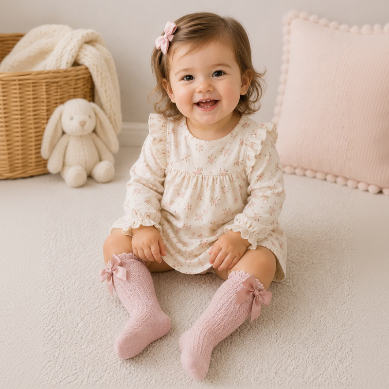 Child wearing dusty pink knee-high bow socks with a cream dress